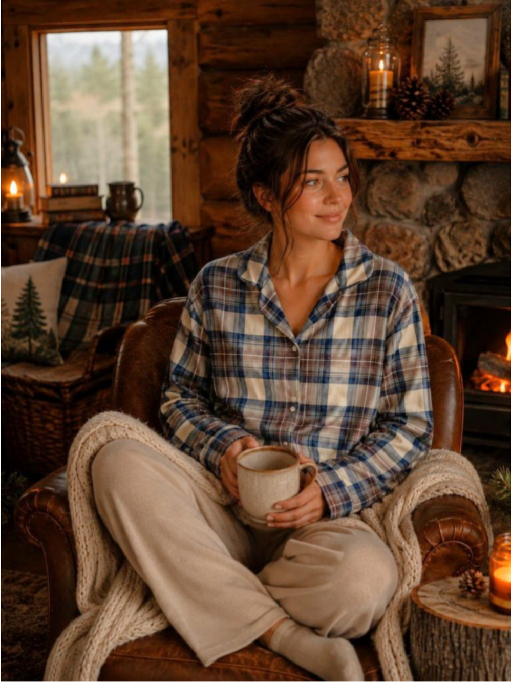 LL BEAN Women's Blue & Brown Scotch Plaid Flannel Pajama Top M Cozy Cottage